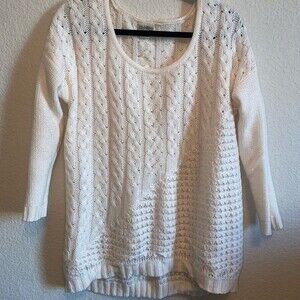 Lucky wool chunky cable fisherman knit crew L boho lagen cottage sweater country